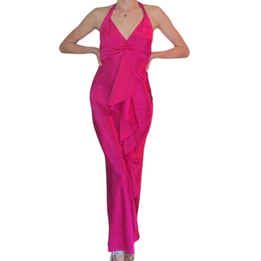 Vintage Y2k Hot Pink Formal Satin Ruffle Dress Debut Size Medium
